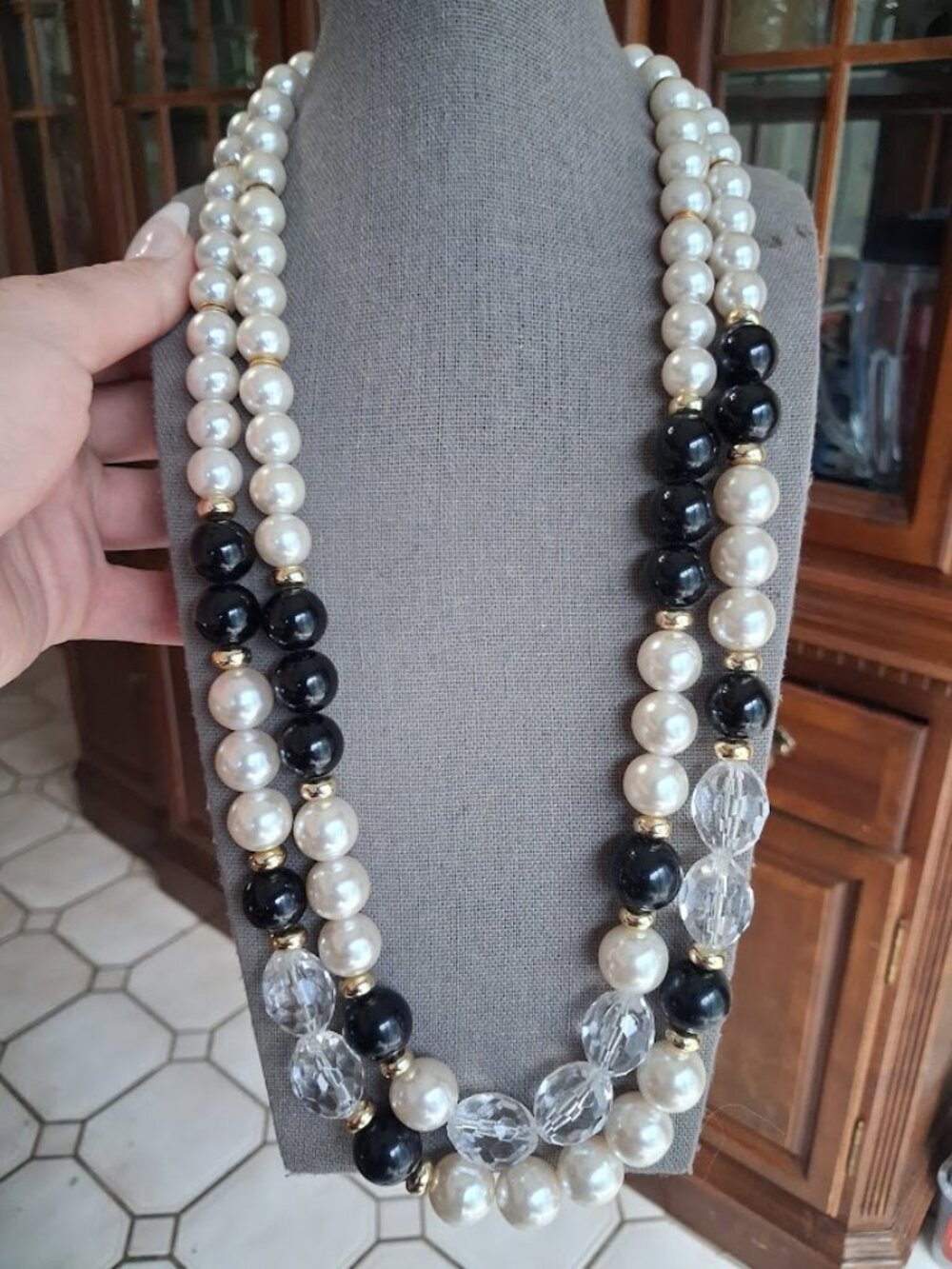 Thick 24 inch Black & white beaded necklace